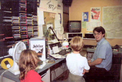 Andy Burnham on air in Jubilee FM studio in Redhill, June 1994